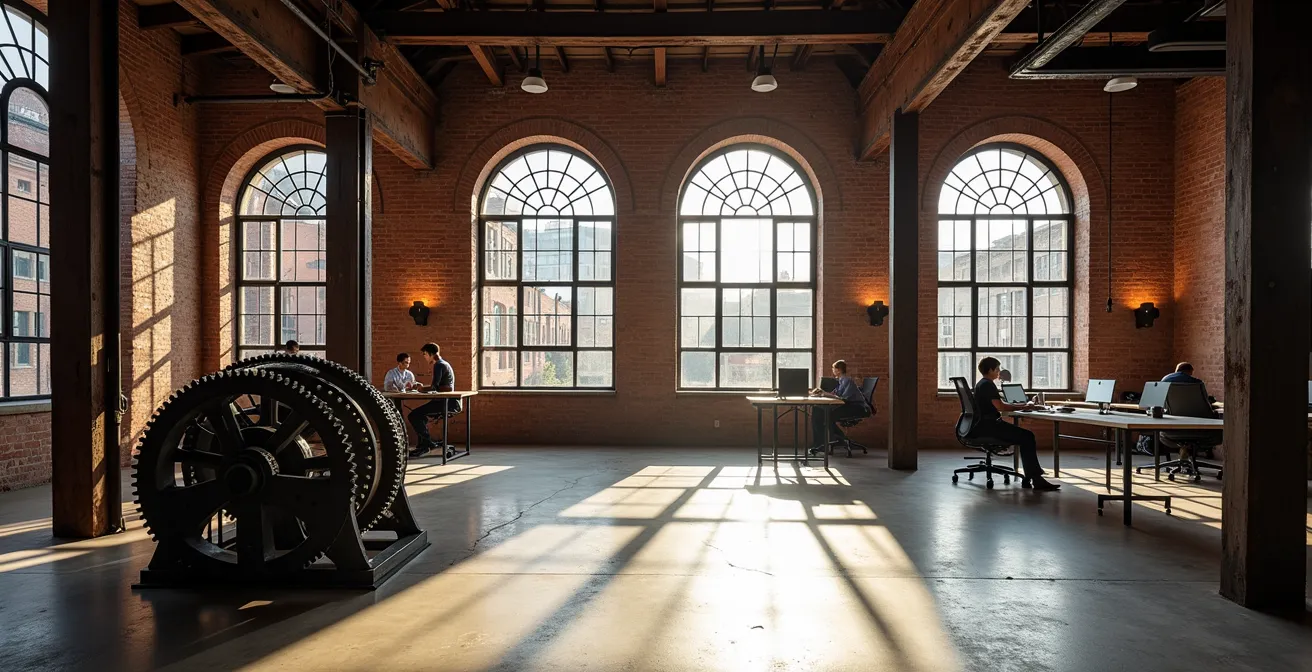 Interior of restored industrial building with exposed brick and modern workspace elements