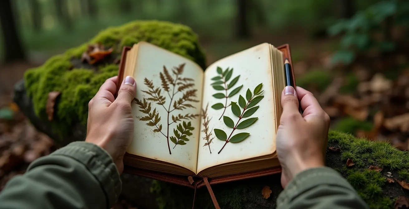 Hands holding a leather journal with pressed leaves against a soft-focus forest background