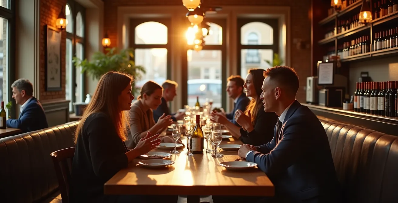 Cozy European restaurant interior during off-peak hours with locals dining peacefully