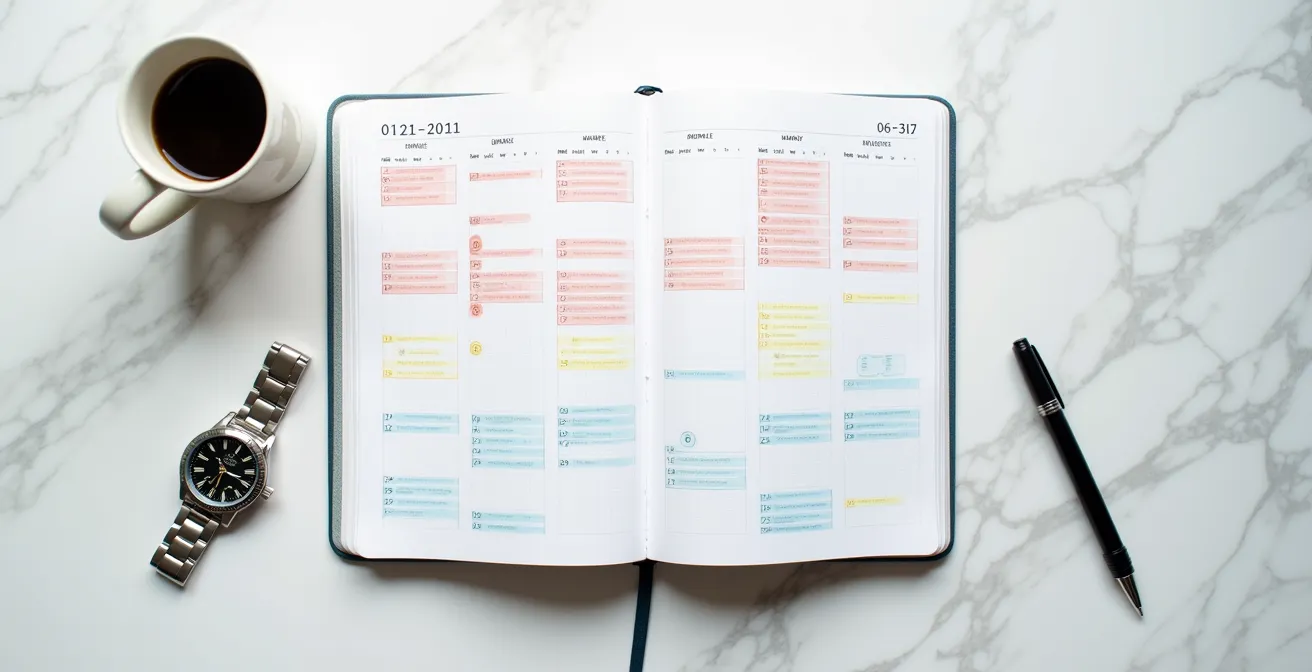 Aerial view of travel journal with colored markers showing alternating busy and relaxation days on calendar