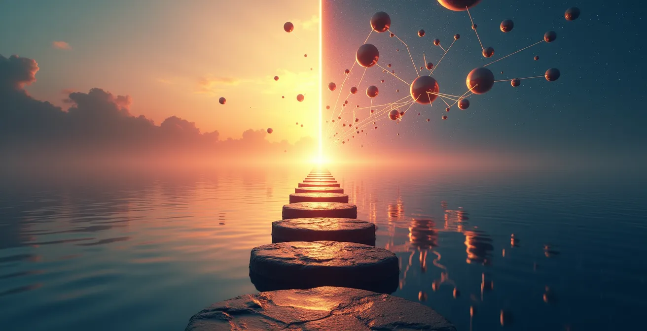 Split-screen visualization of episodic versus semantic memory processing, with a linear path on one side and an interconnected web on the other.