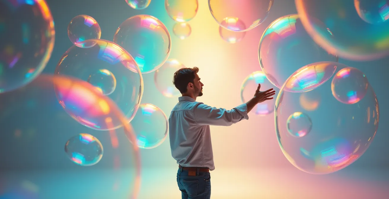 Person surrounded by floating abstract bubbles of different colors merging together