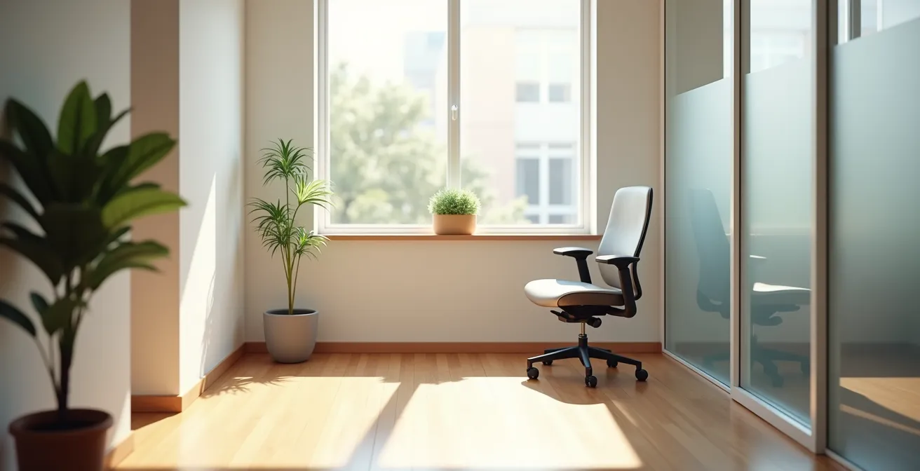 Designated quiet corner in office with comfortable chair near window for breathing practice