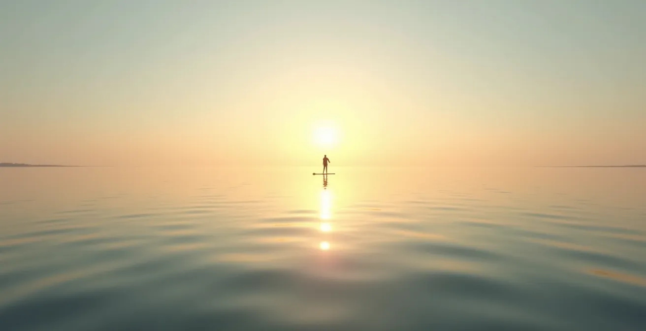 Paddleboarder on perfectly flat water during slack tide at sunrise