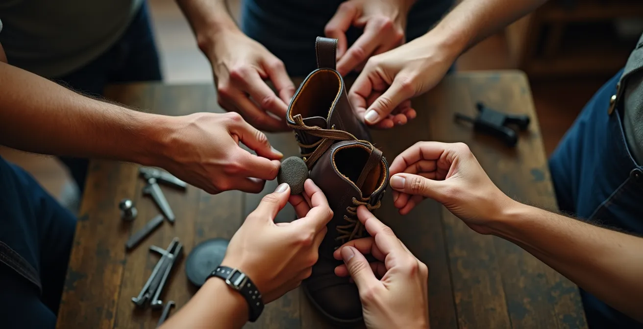 Hands passing refurbished product in continuous circle representing circular economy