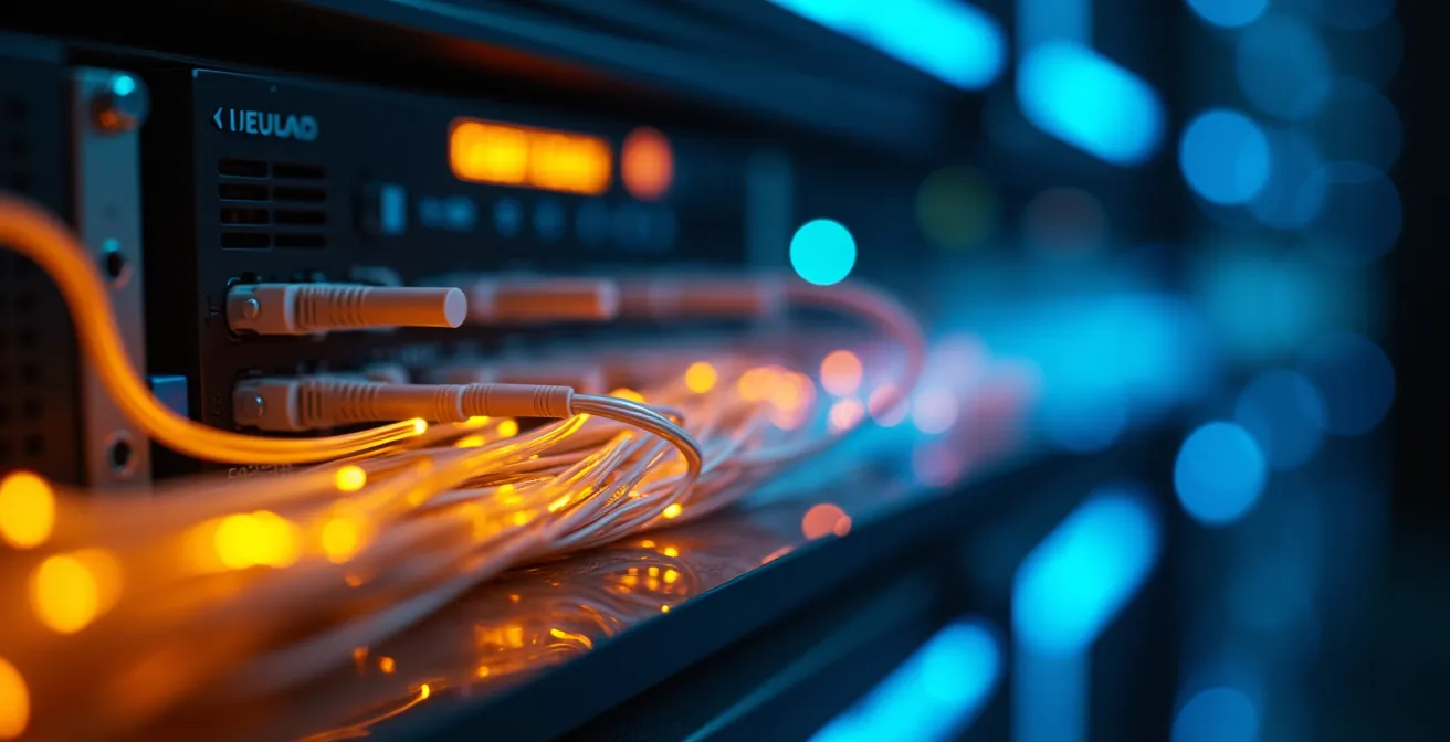 Abstract visualization of data flowing from physical servers to cloud infrastructure