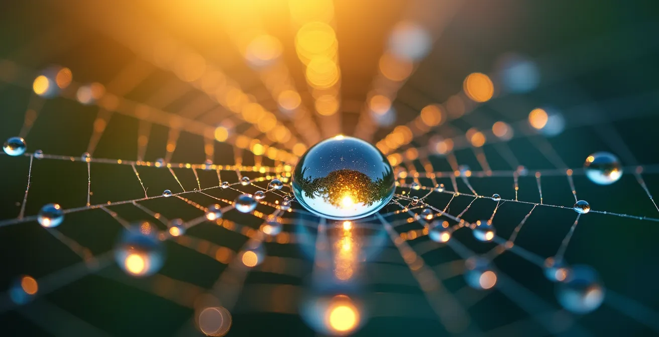 Macro photograph of water droplets on a spider web showing how one source creates multiple reflections