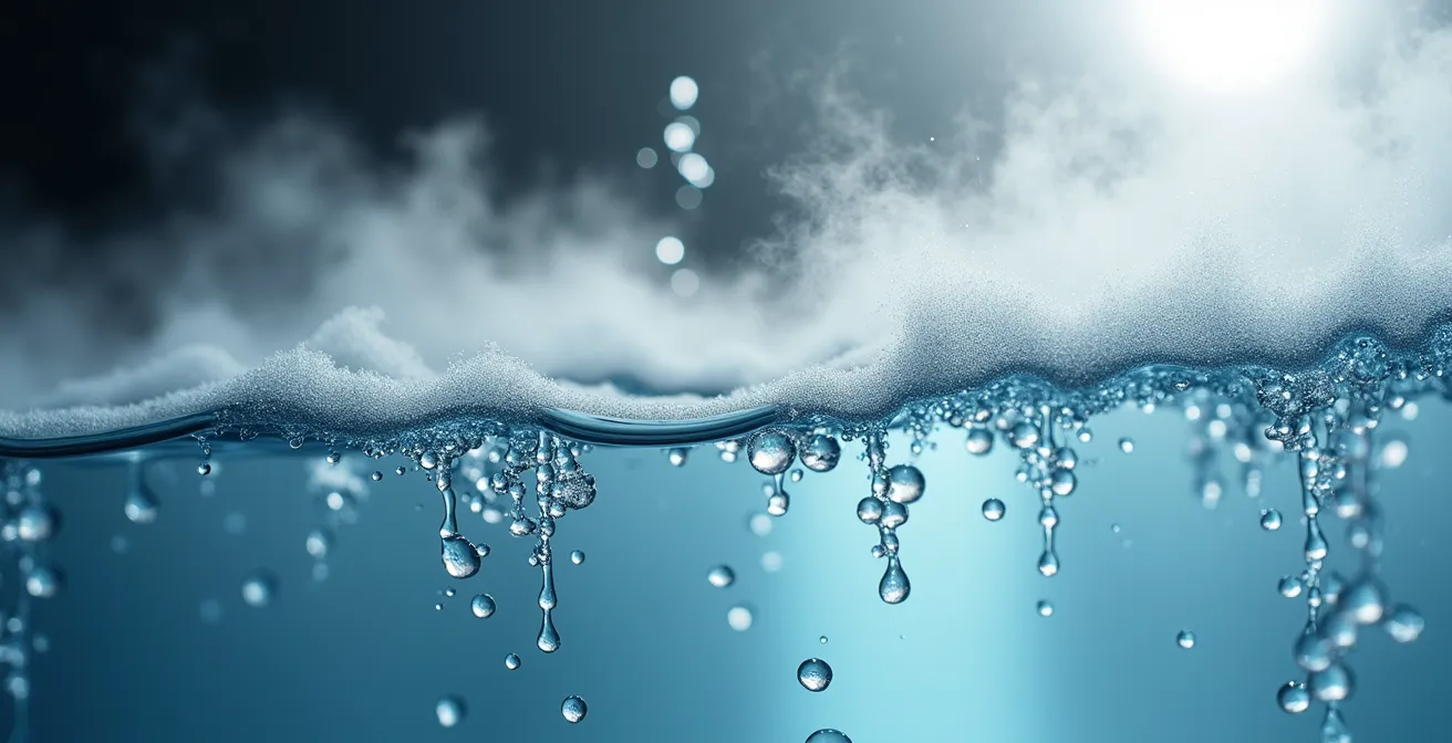 Abstract macro view of water temperature transition with steam and droplets