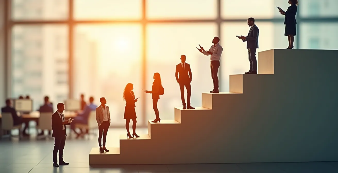 Team members ascending stepped platforms representing data literacy progression