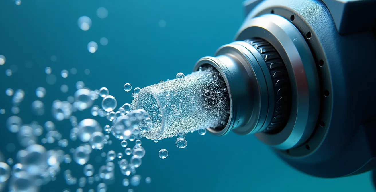 Extreme close-up of regulator mouthpiece with controlled bubble stream