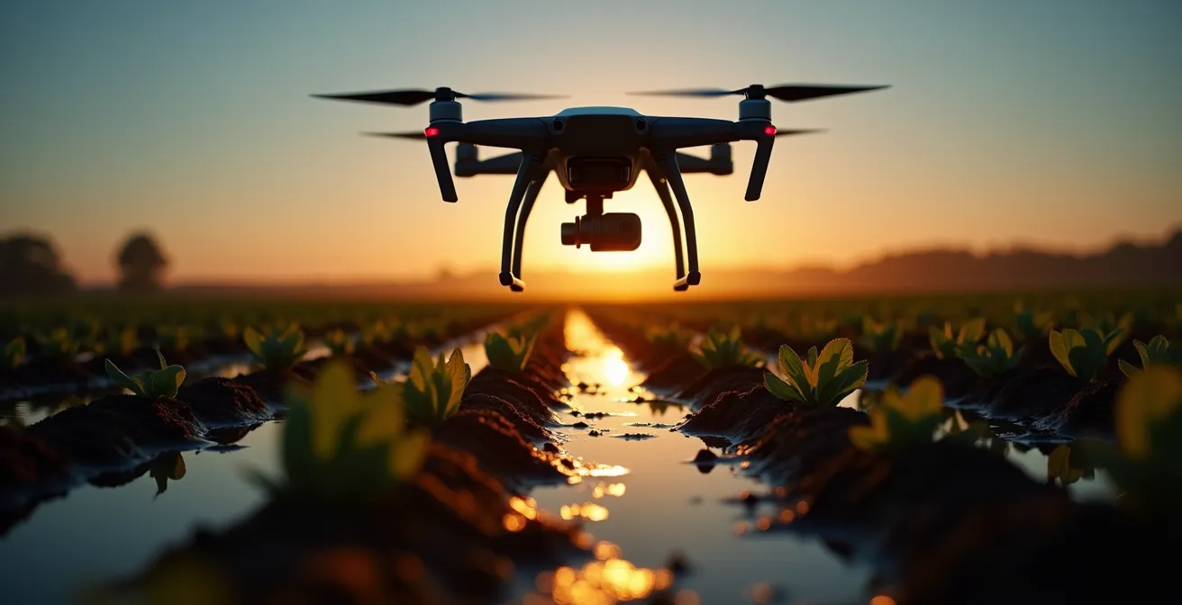 Consumer drone hovering above a farm field at dawn, revealing distinct water patterns on the soil below.