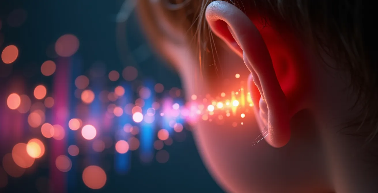 Young child experiencing music education with visible engagement and neural pathway visualization