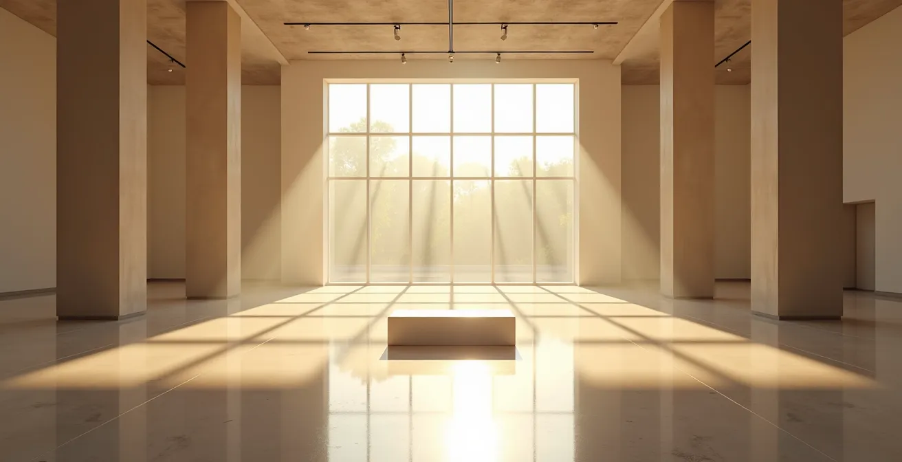 Serene empty museum gallery bathed in soft morning sunlight