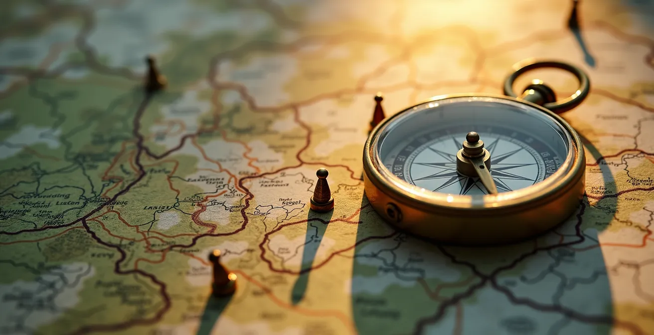 Close-up macro shot of vintage compass on topographical map with hiking route markers