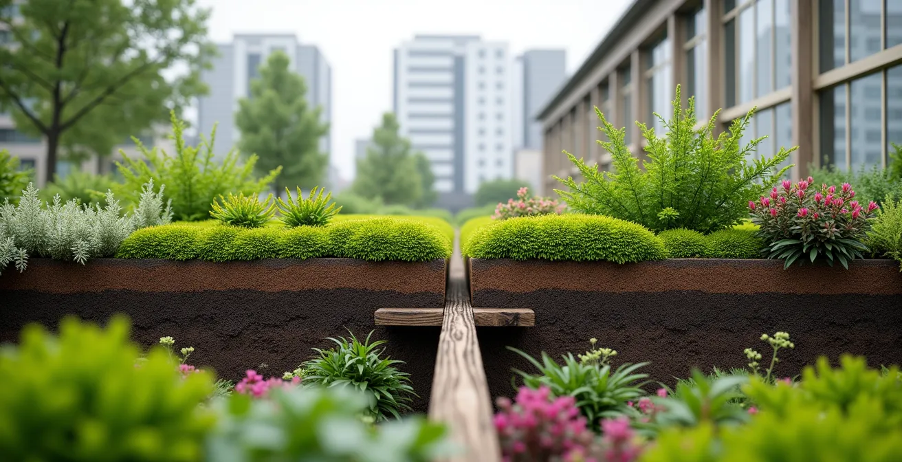Side-by-side comparison of extensive sedum roof and intensive planted roof garden showing depth differences