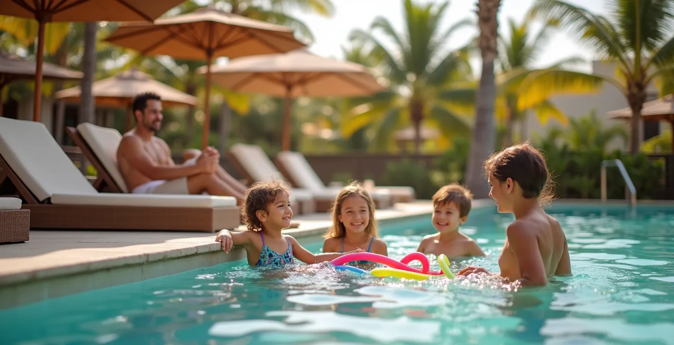 Parents relaxing by resort pool while children play in shallow area