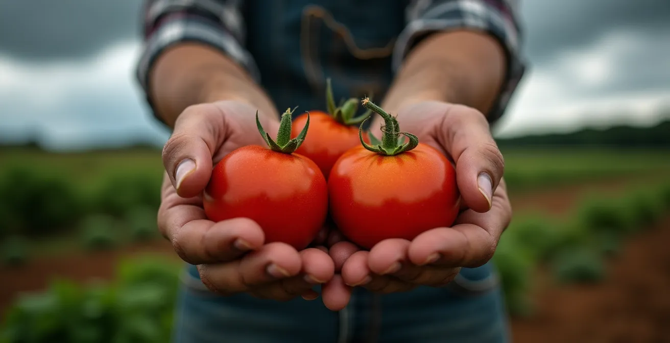 Close-up of a farmer's weathered hands gently holding perfectly ripe tomatoes, with dramatic storm clouds gathering in the background field.
