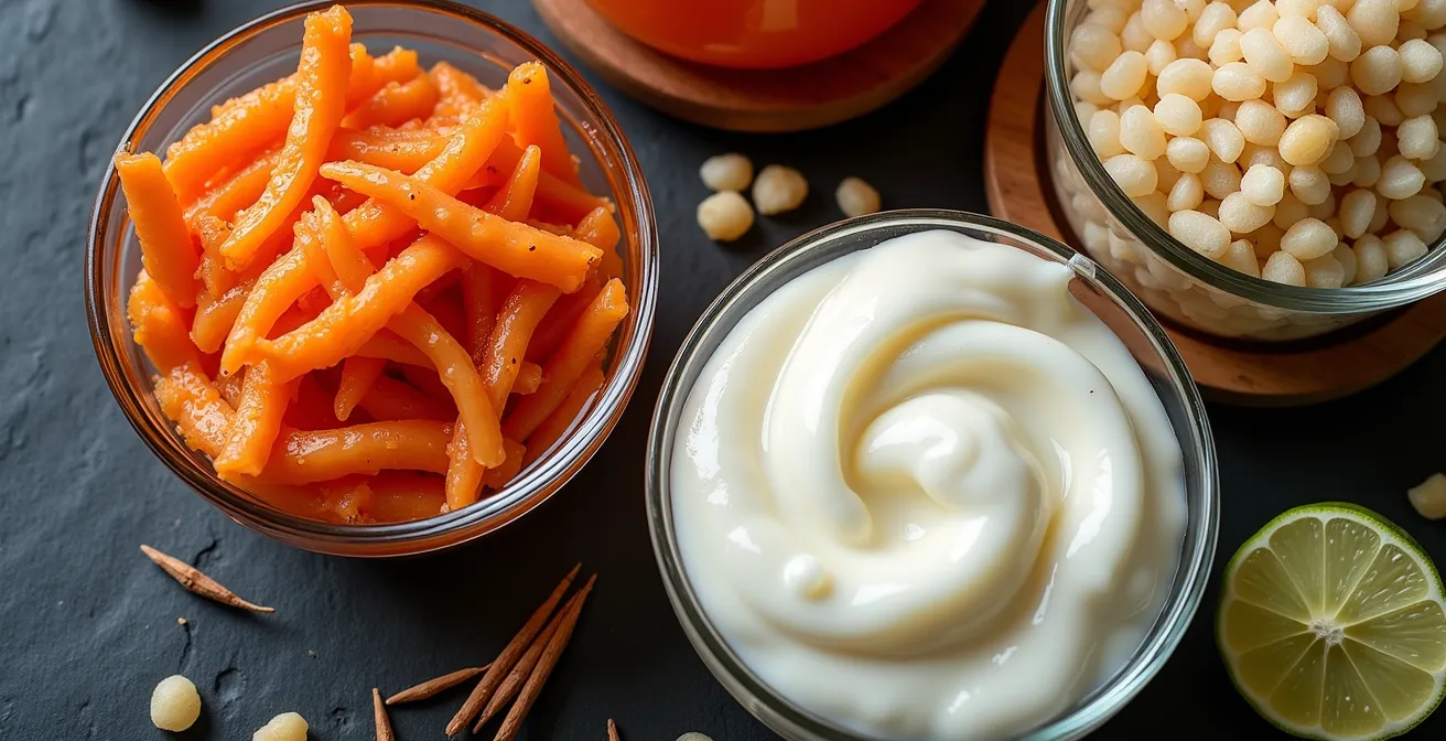 Variety of fermented plant-based foods arranged for gut health