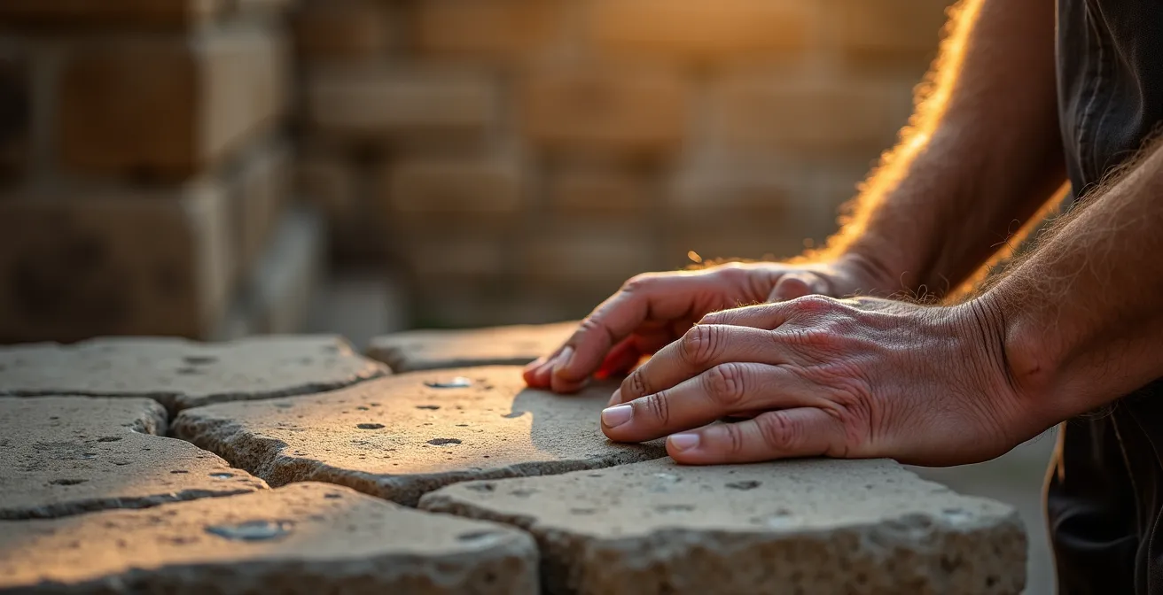 Low-angle sunlight revealing intricate stone carving details and tool marks on ancient masonry