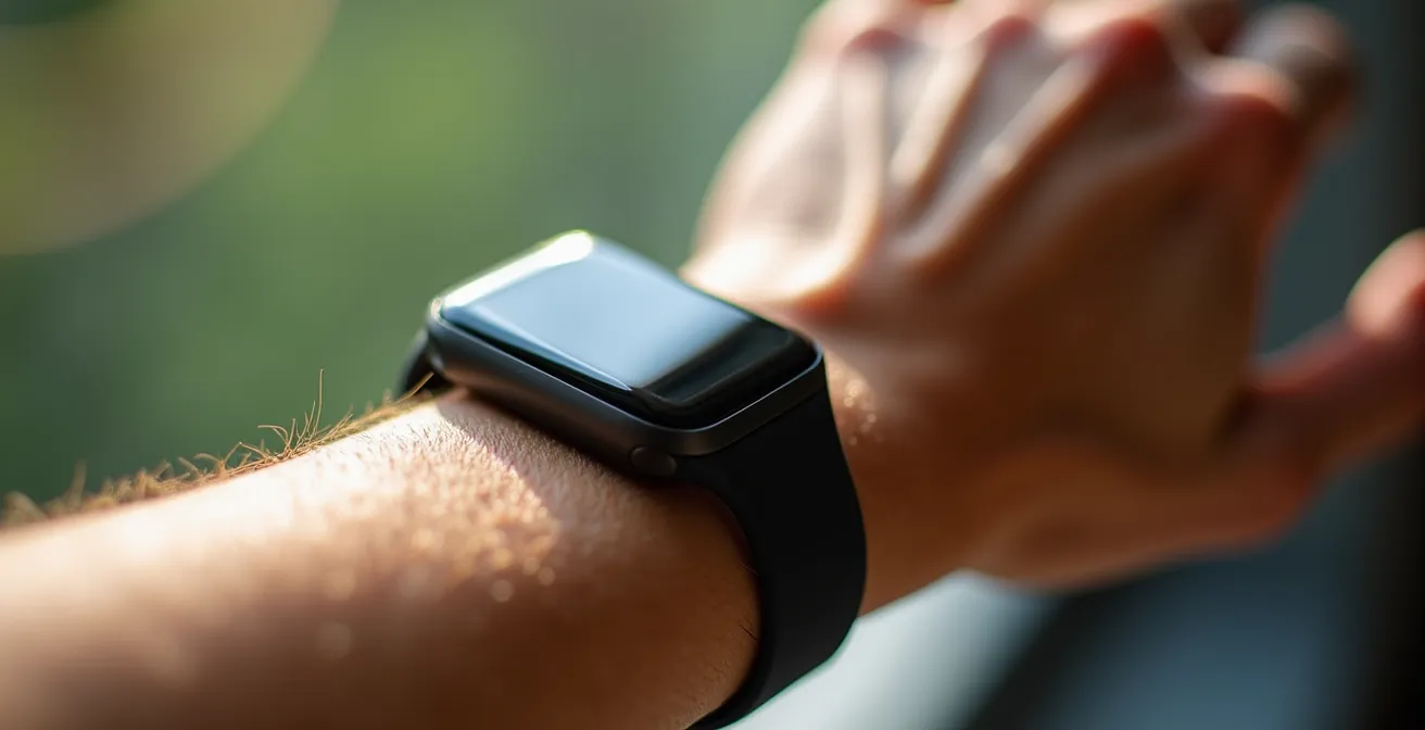 Person monitoring heart rate while walking showing optimal Zone 2 intensity