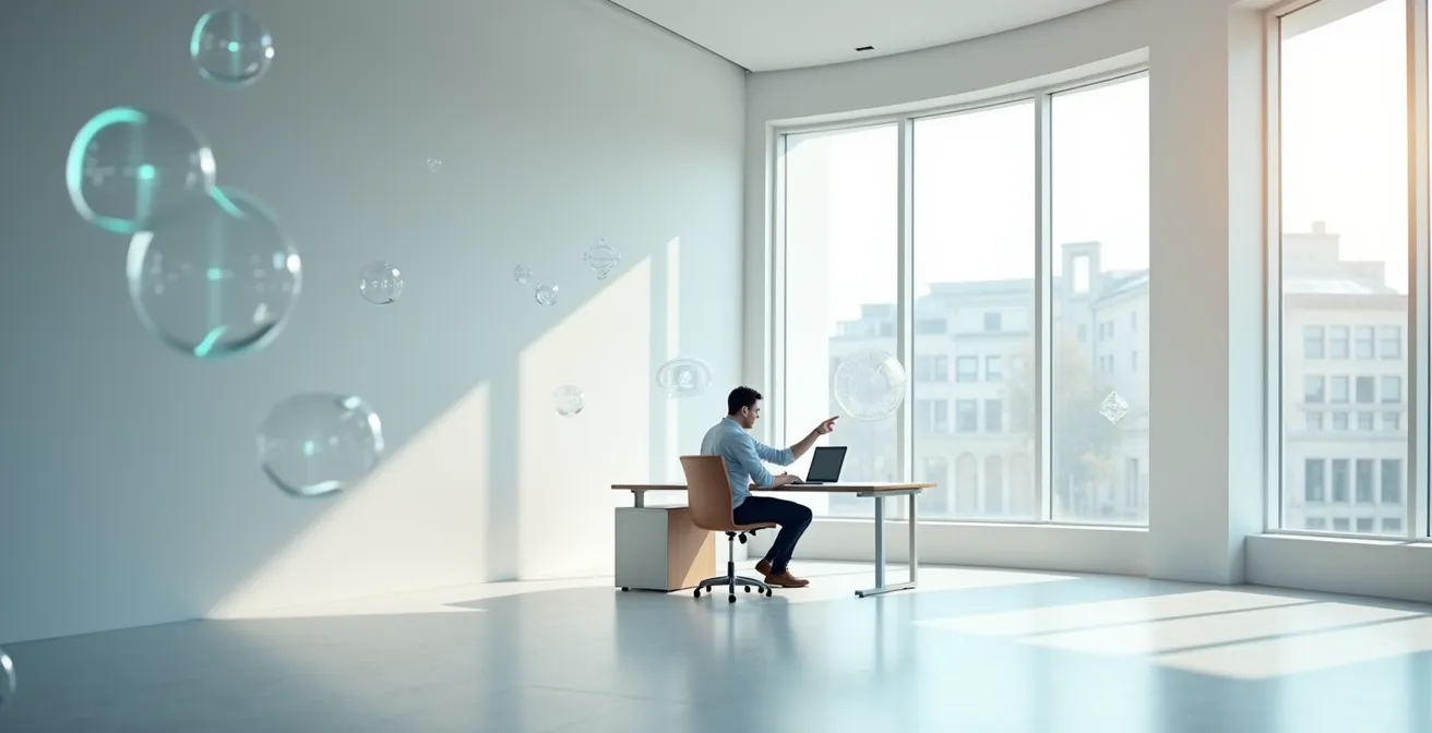 Wide shot of modern office space with one person working alongside holographic data displays