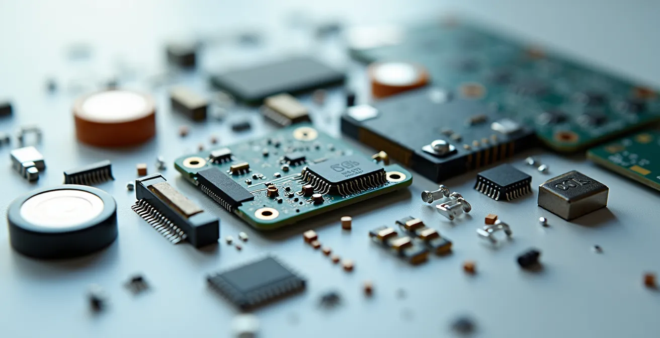 Extreme close-up of smart city sensor internal components showing battery and circuit details