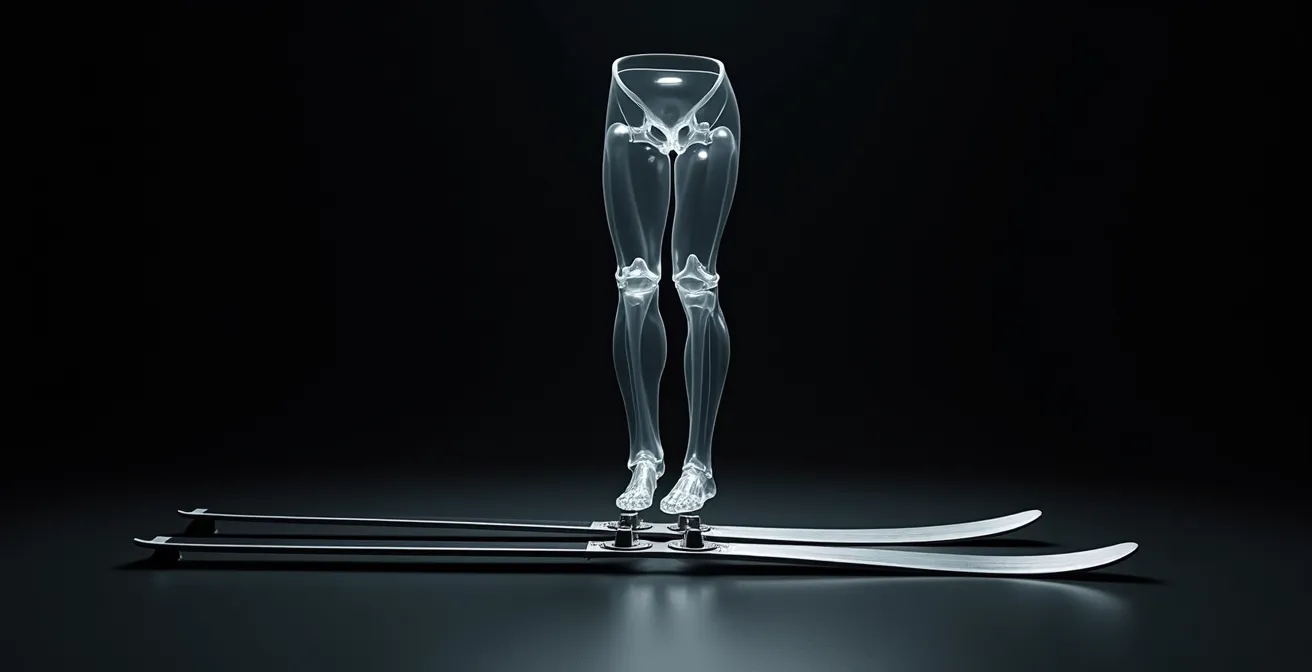 Anatomical diagram showing force transfer from misaligned boot through stiff ski to knee ligaments