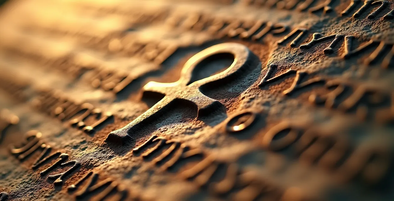 Extreme close-up of weathered stone inscription showing intricate carving details