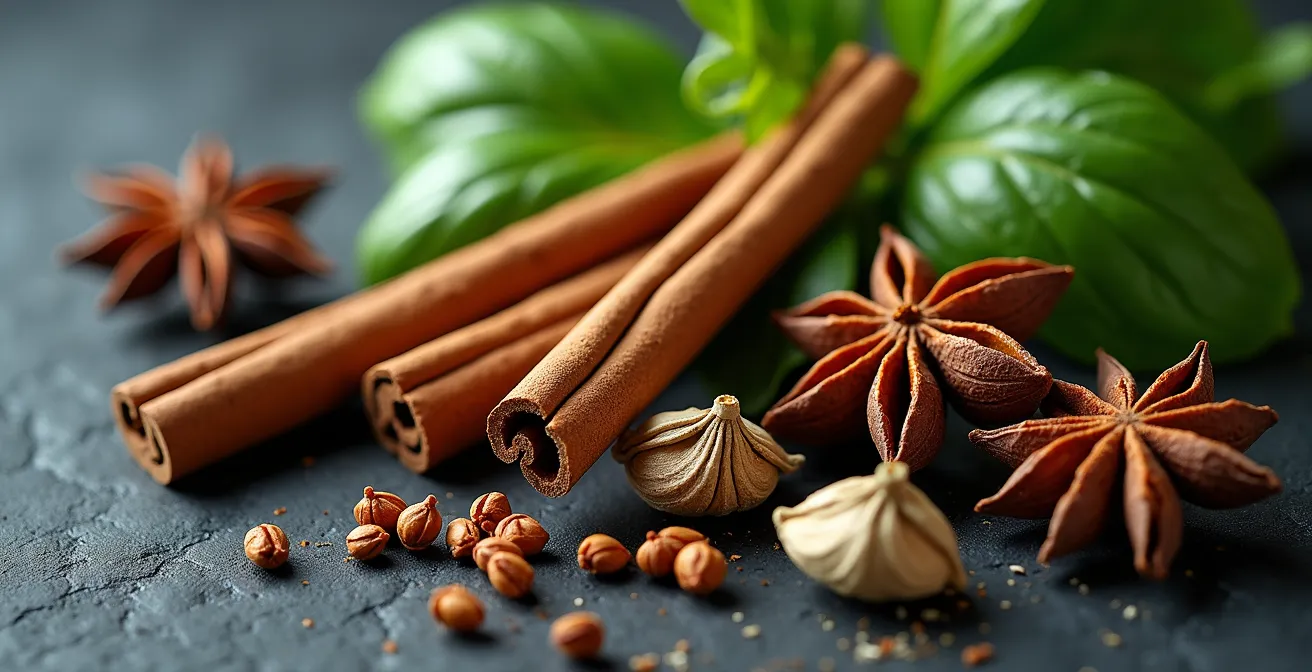 Extreme close-up of whole spices and fresh herbs showing detailed textures