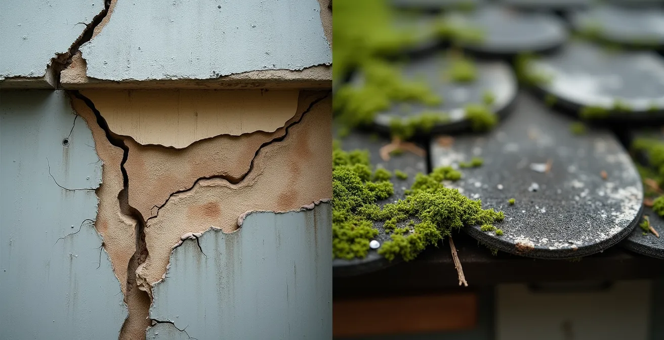 Extreme close-up of weathered house foundation and aging roof materials