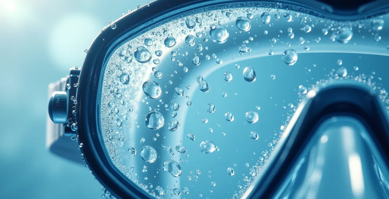 Extreme close-up of water beading on treated dive mask lens surface showing anti-fog coating effect