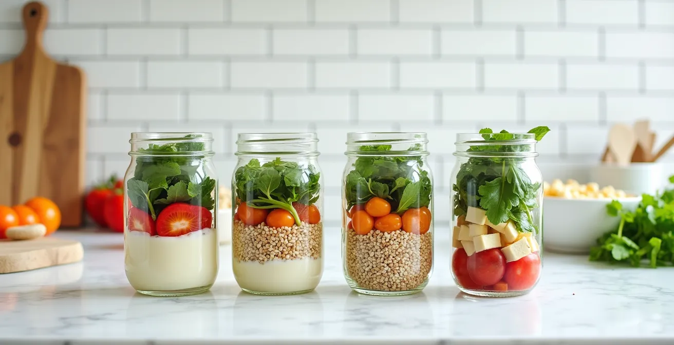 Mason jar salads showing precise layering technique for weekly meal prep