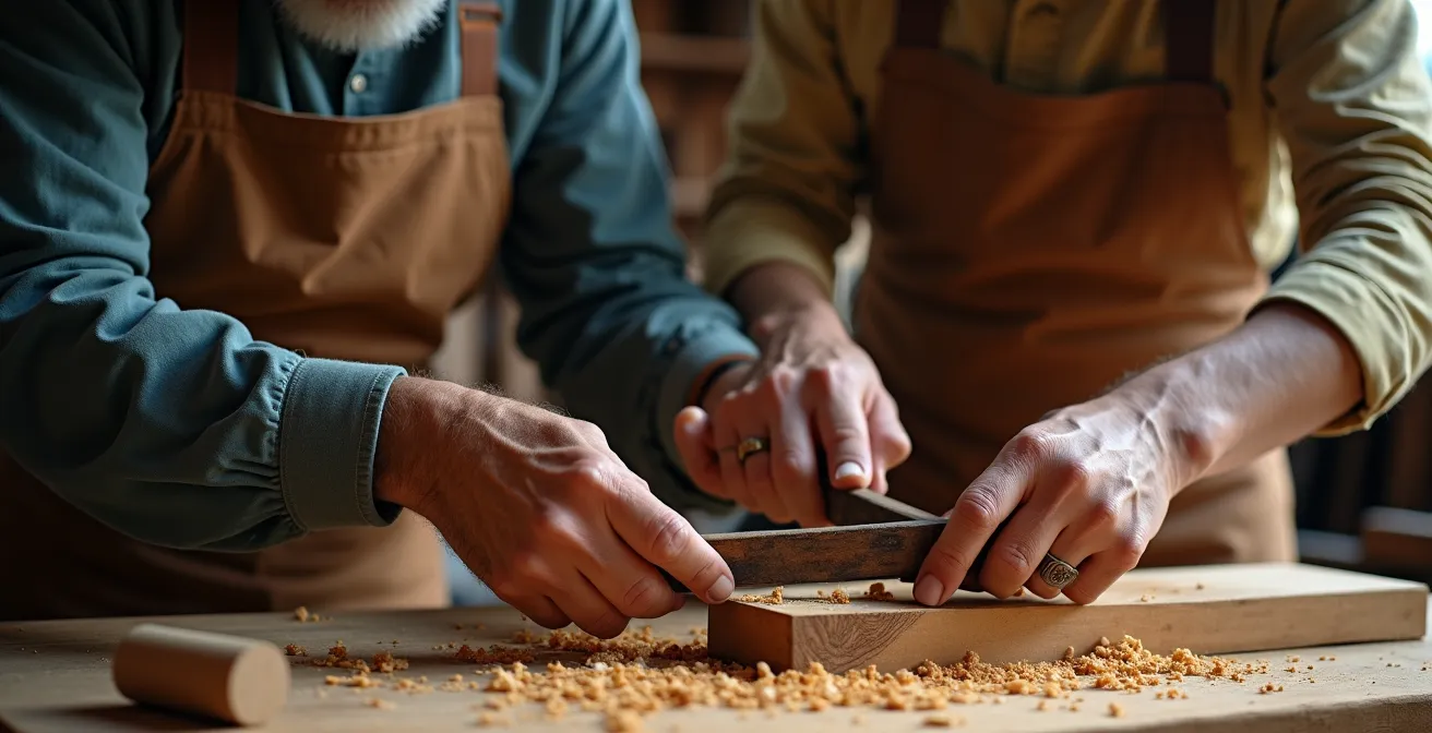 Experienced master woodworker demonstrating dovetail joint technique to young apprentice