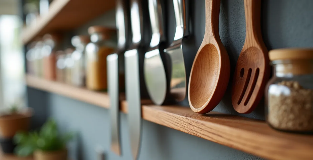 Close-up of compact kitchen with magnetic spice jars and hanging utensils
