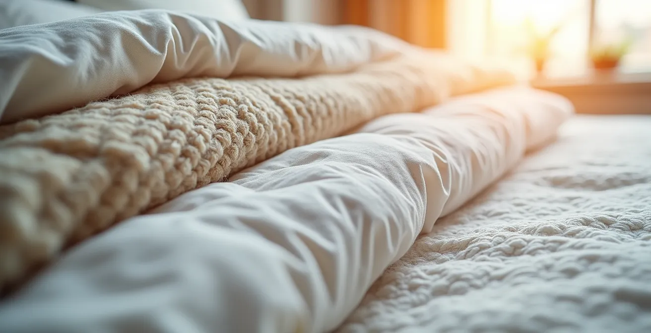 Close-up photograph of layered bedding materials showing wool, Tencel, and breathable fabrics for temperature regulation