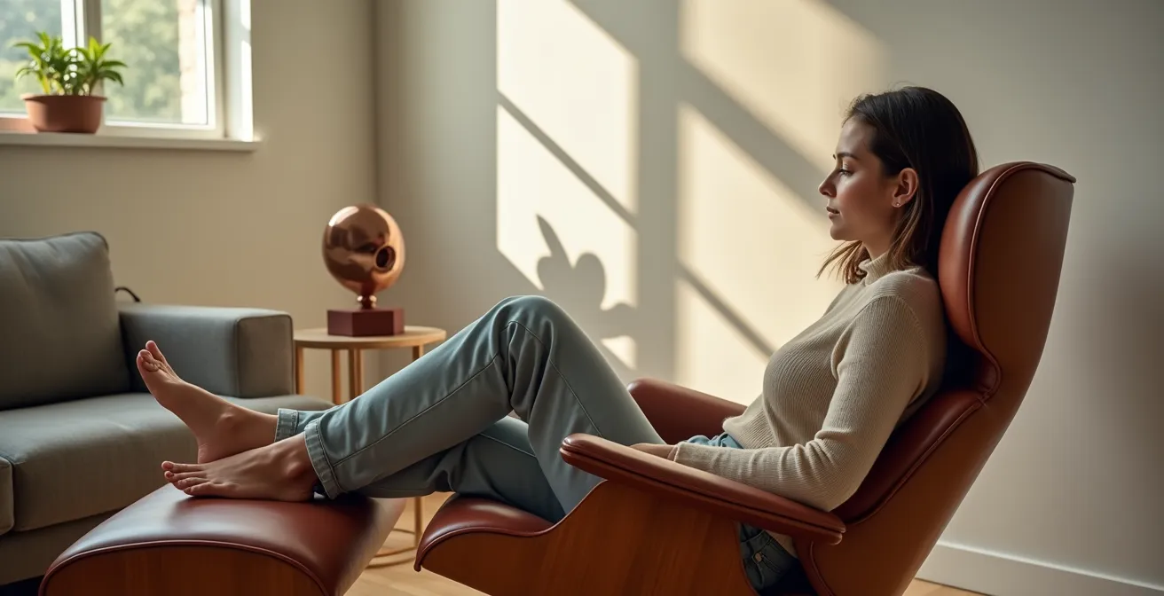 Living space showcasing walnut mid-century furniture harmoniously paired with clean contemporary architecture