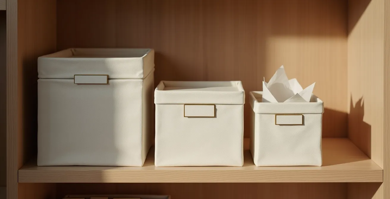 Clean organized storage system with museum-quality boxes for rotating luxury accessories