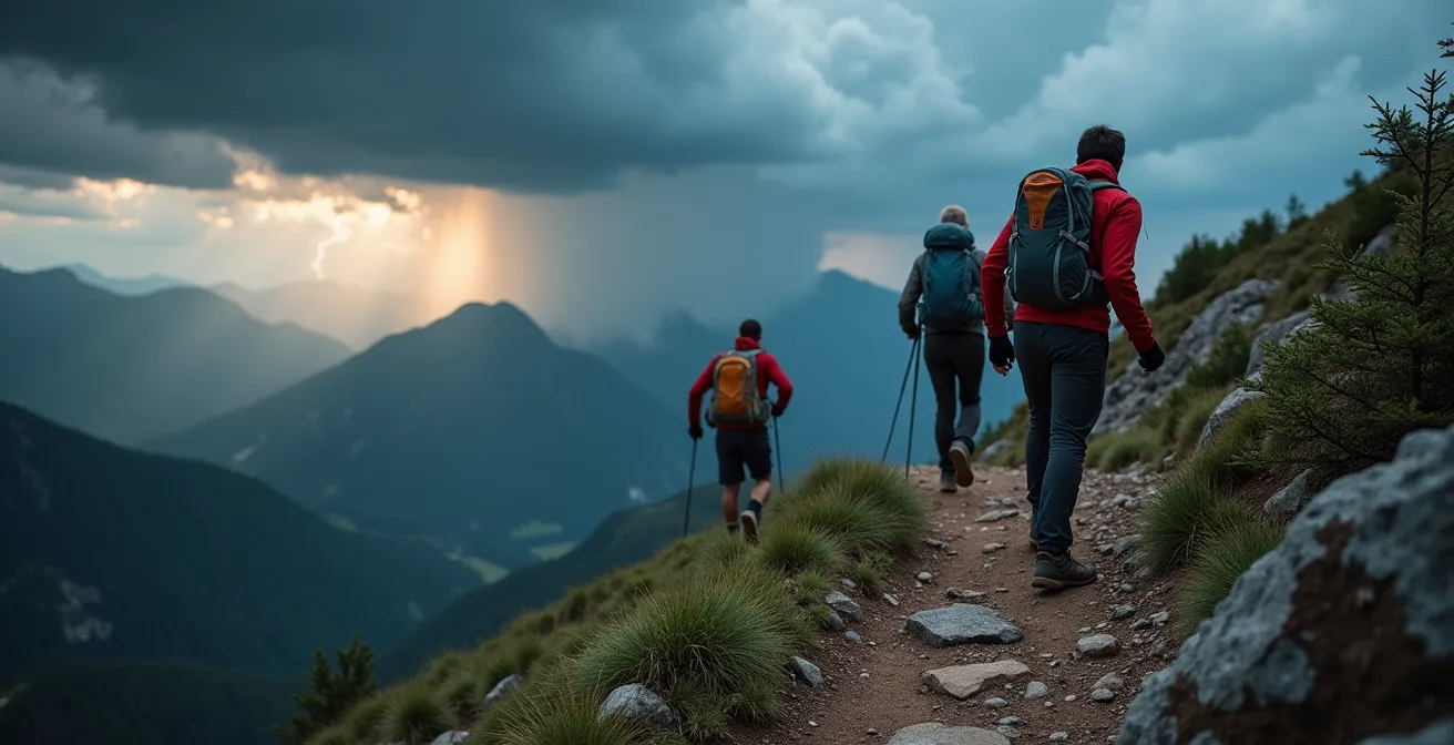 Dark cumulonimbus clouds forming over a mountain ridge with hikers descending
