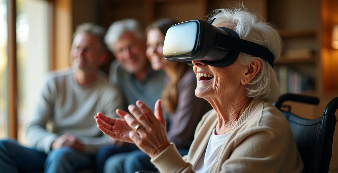 Person wearing VR headset interacting with virtual avatars in historical setting
