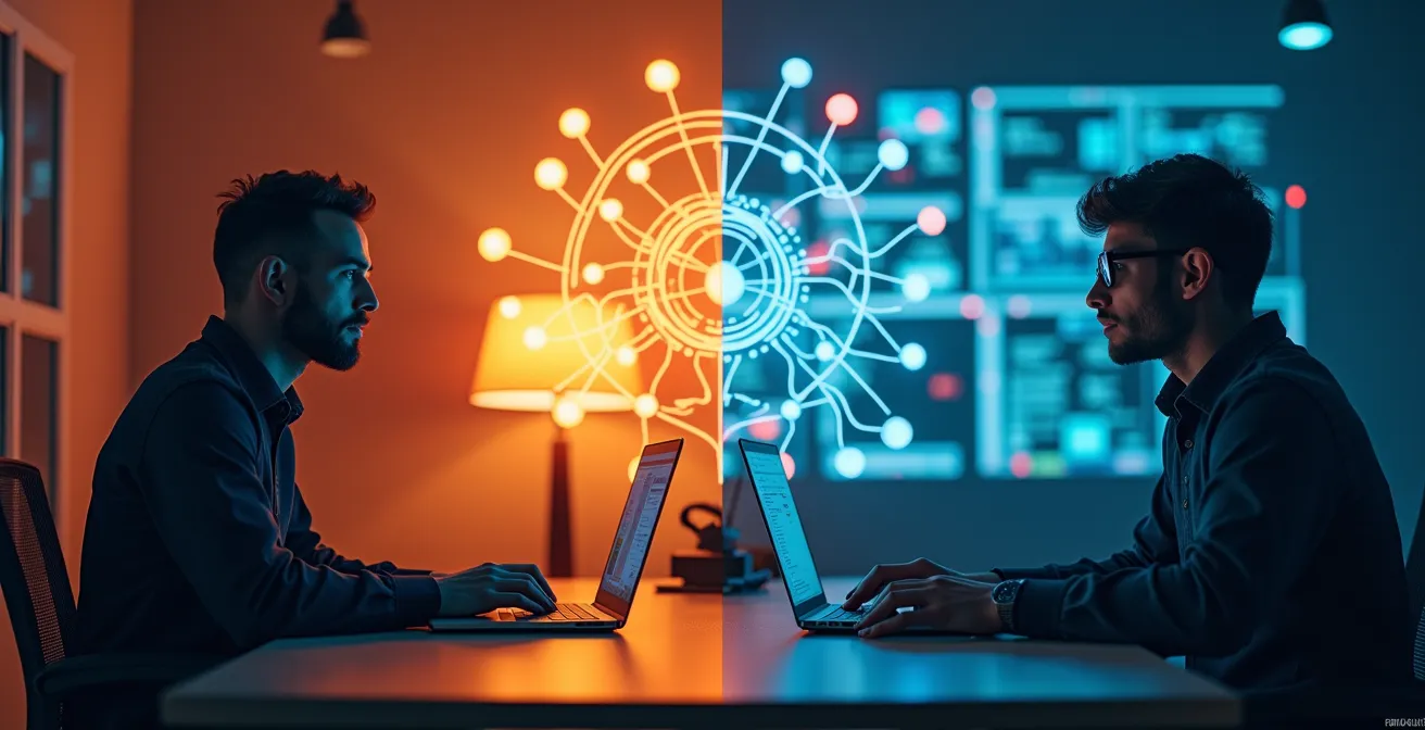 Split-screen visualization of two different creator workspace approaches