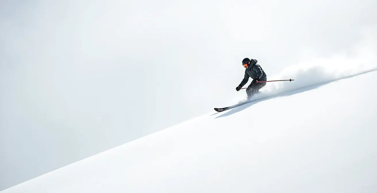 Skier demonstrating proper weight loading on flexed ski showing energy transfer