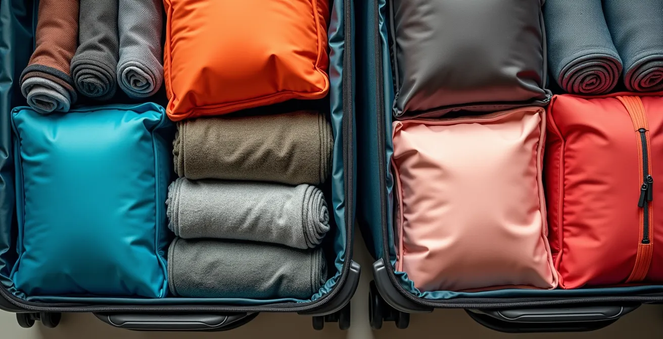 Overhead view of organized packing cubes in carry-on suitcases