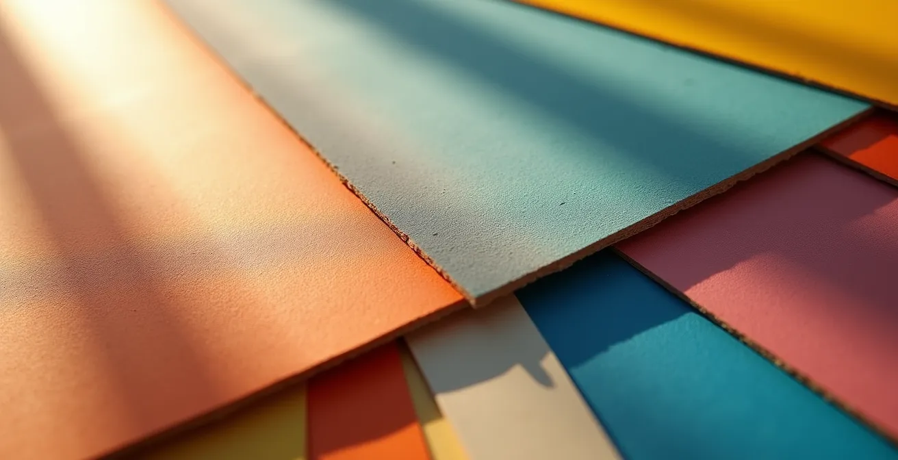 Paint sample boards positioned at different angles showing color variation in changing light
