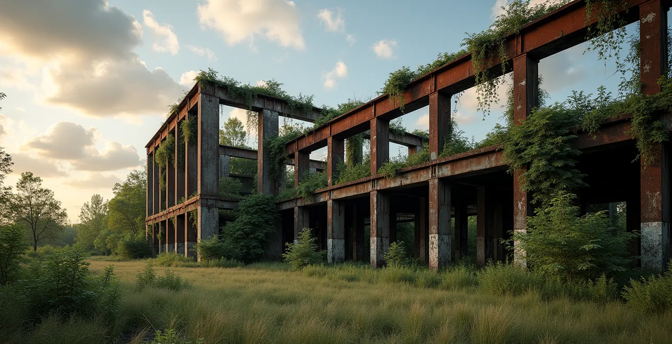 Wide shot of preserved industrial ruins with nature growing through the structure