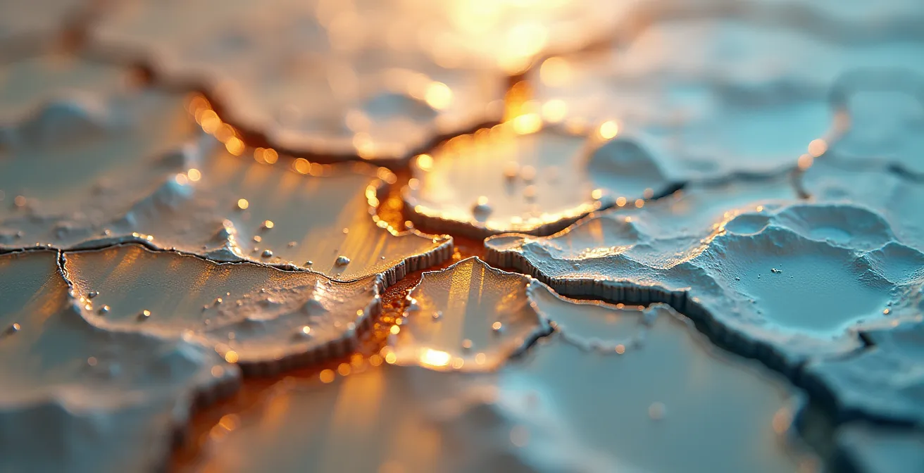 An abstract macro photograph showing layers of material peeling away, symbolizing the erosion of trust from privacy washing.