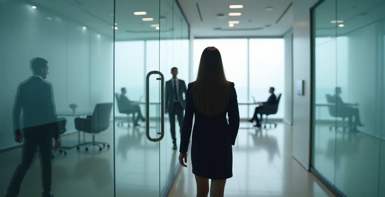 Business professional standing at conference room door in moment of strategic withdrawal