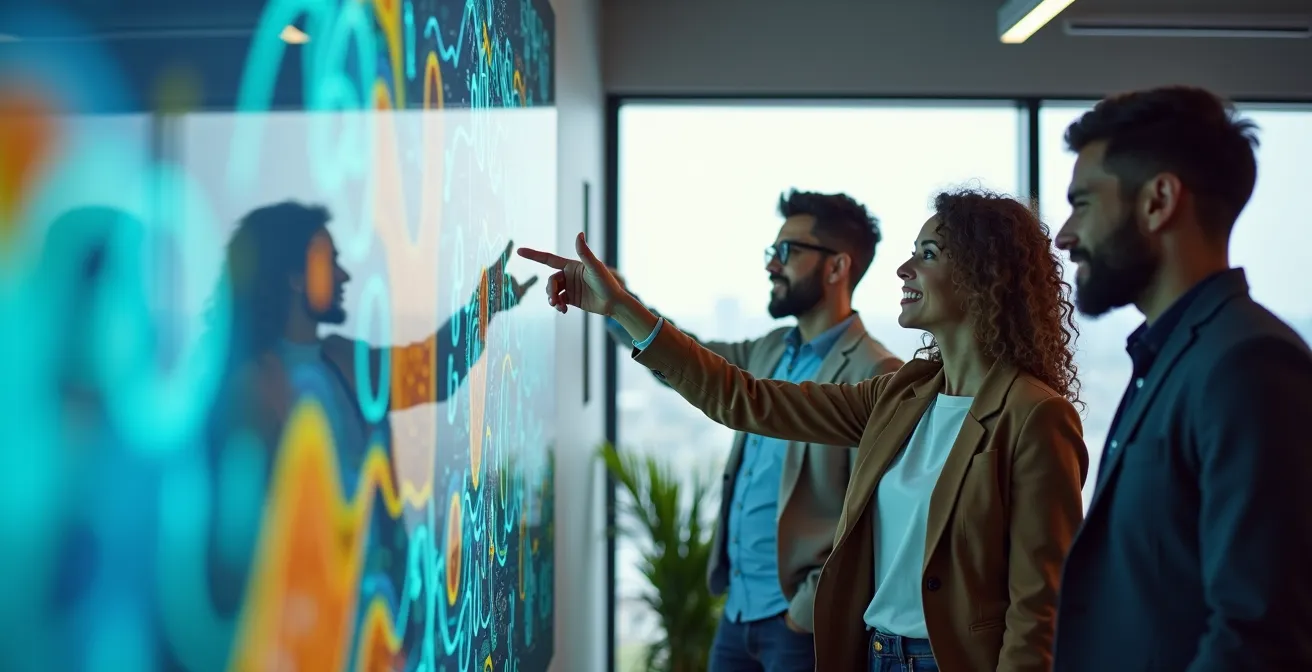 A marketing team in a meeting, reviewing quarterly trust metrics displayed on a large screen.