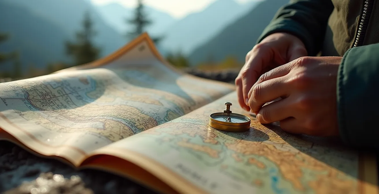 Hands holding a weathered topographic map with a compass against a mountain backdrop