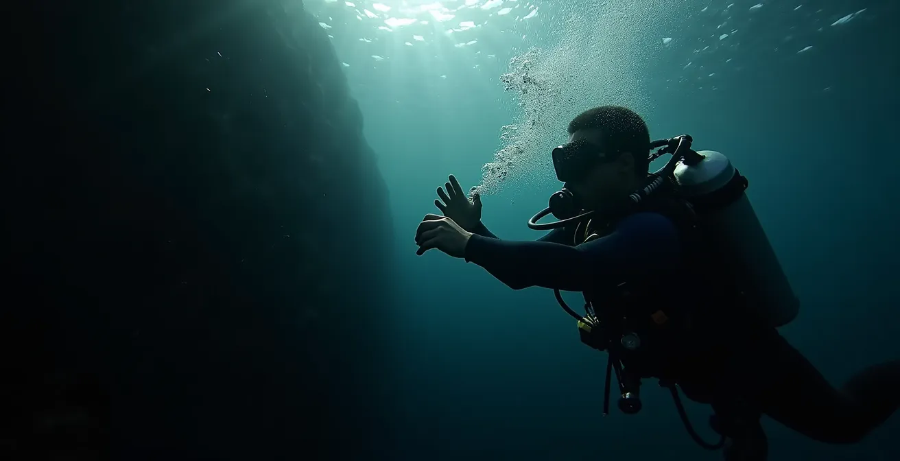 Diver performing regulator recovery sweep arm technique