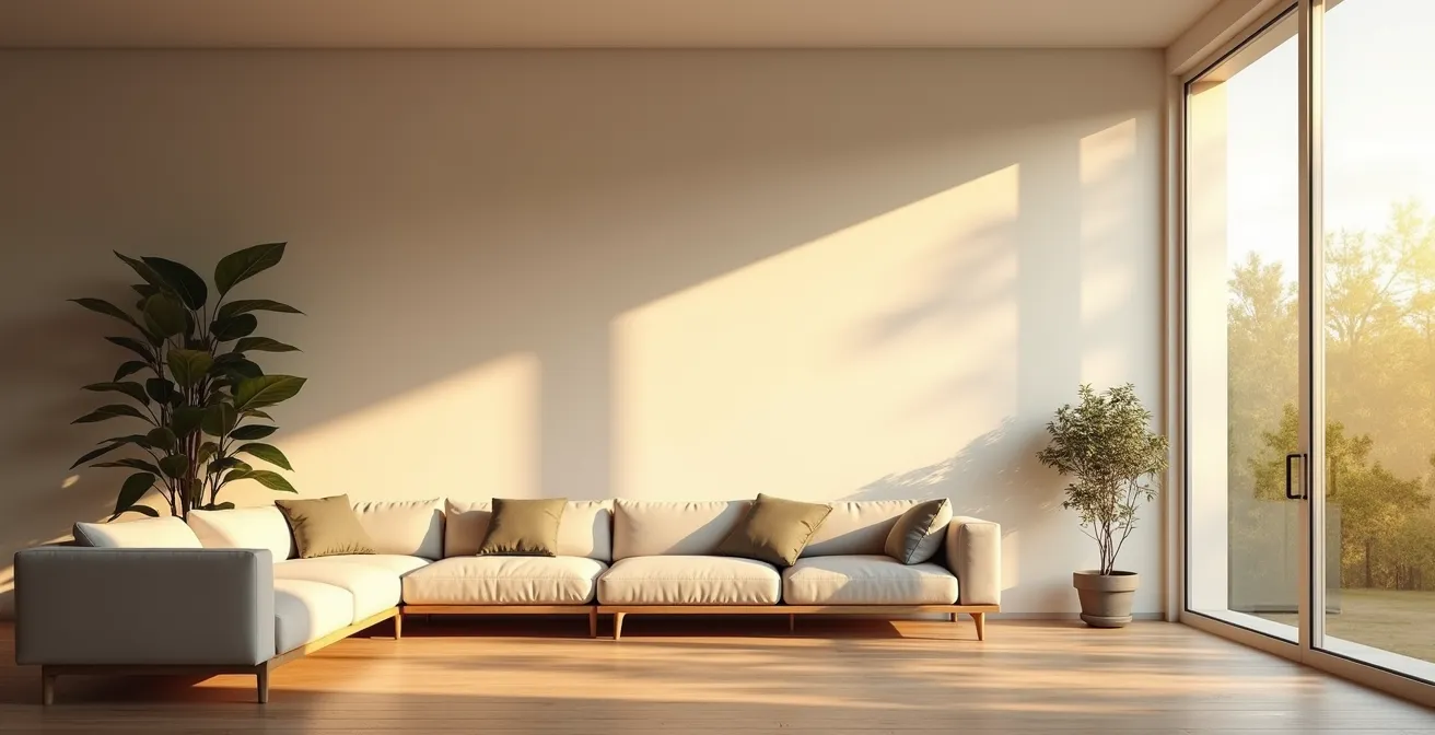 Interior room showing gradual transition from bright white to warm red lighting